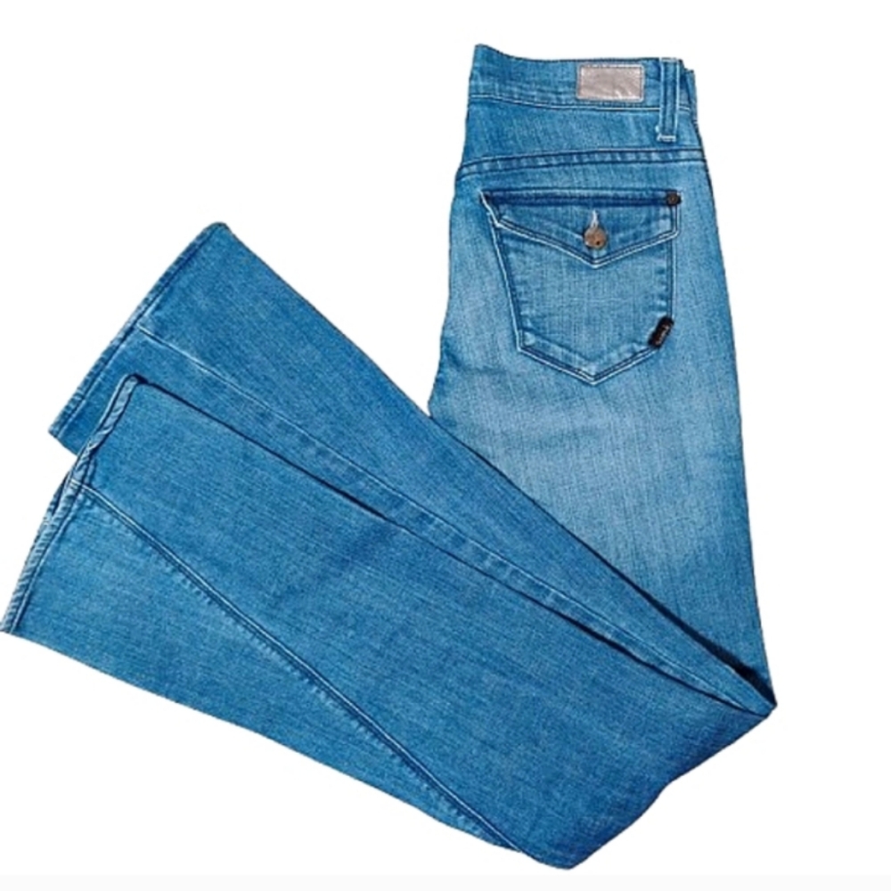 WORK Custom Shop Marmot Flare Jeans Asymmetrical Seams Flap Pockets 24 NWOT